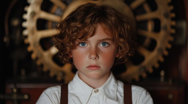Pensive young boy with curly hair and freckles