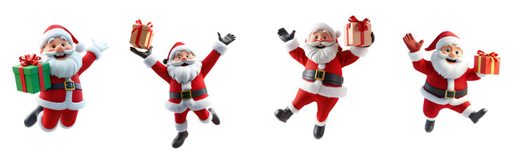 Fototapeta premium 3D Cartoon Santa Jumping Joyfully Holding a Gift Box on transparent Background