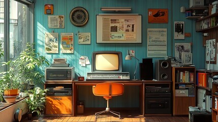 Retro Home Office with Vintage Computer and Bookshelf