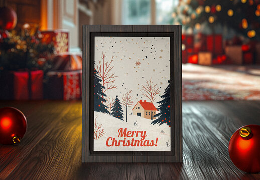 Wooden Picture Frame With Christmas Theme Mockup