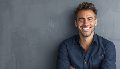 Obraz premium Confident man smiling warmly, with a joyful expression.