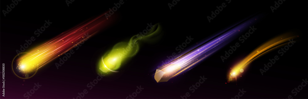 Poster falling asteroid and comet with fire and dust tail. realistic 3d vector illustration set of flying o