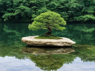 Poster de jardin  Serene bonsai tree floating on a tranquil pond  © Balaraw