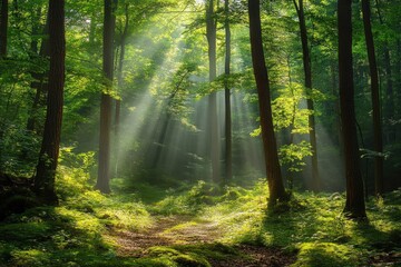 Fototapeta premium Sunlight streams through the trees in a lush green forest, casting a magical glow on the mossy path.