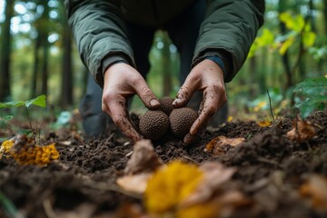 Male dig black truffle mushroom in autumn forest, copy space. Concept delicatessen fungi, expensive food, rare species of mushrooms.