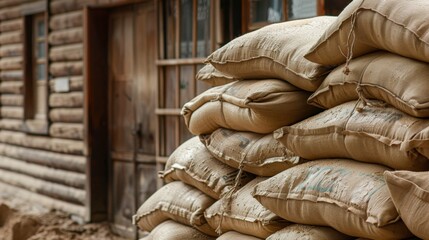 Stacked Sandbags in Front of Wooden Structure