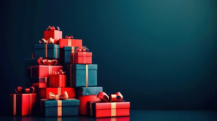 Big pile of christmas presents stacked on red background