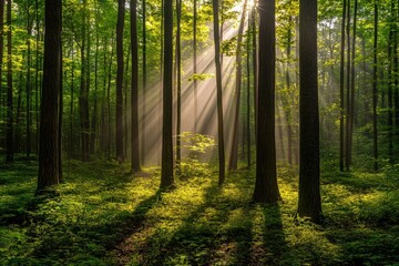 Sunlight streams through the trees in a dense forest, creating a magical, almost ethereal atmosphere.