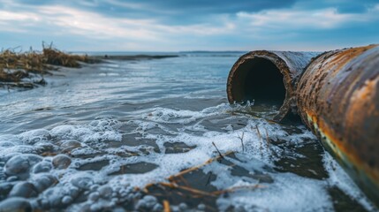 Polluted Waterway with Drain Pipe and Foam