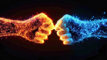 Two polygonal hands glowing making contact with each other