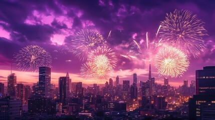 Golden Fireworks Over Vibrant Purple Sky