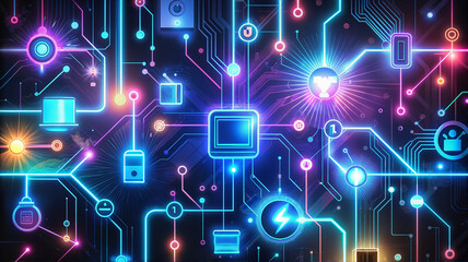 Fototapeta premium Digital network with glowing neon icons and technology connections