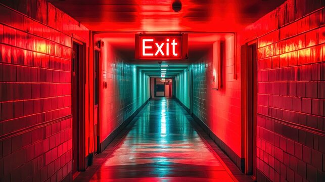 Bright red exit sign is illuminating a brick wall in a dark hallway