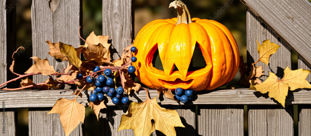 Poster Autumn Pumpkin and Blueberries on a Wooden Fence