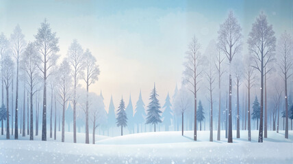 Fototapeta premium Winter forest with tall frosted trees in a snowy landscape