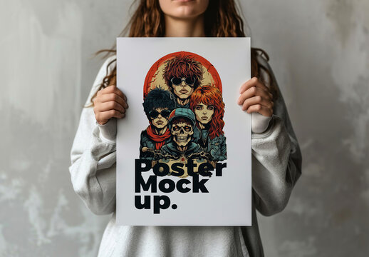 Woman Holding a Poster Mockup Template