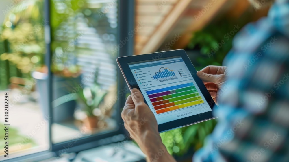Poster analyzing data on a tablet in a modern workspace