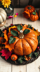 Autumnal Pumpkin Display with Fall Foliage and Berries