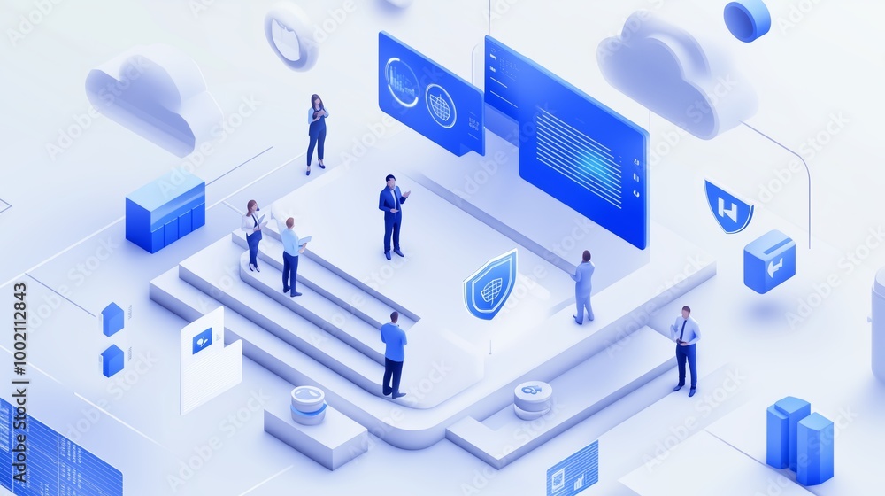 Poster a collaborative digital workspace with professionals engaging around advanced data visualization and