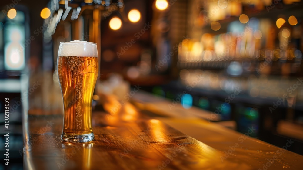Poster Refreshing Beer on Bar Counter with Soft Lighting
