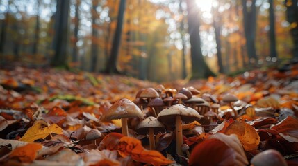 Obraz premium Autumn Forest with Mushrooms and Colorful Leaves