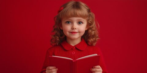 Young girl is holding a red book. She is smiling. The girl is wearing a red shirt. A girl of Slavic appearance holds an open school album in her hands. The background is red.