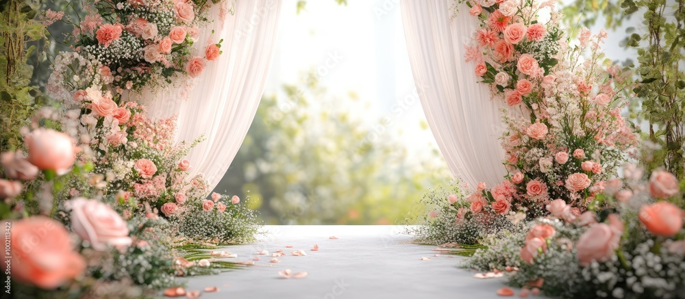 Sticker White curtains with pink flowers on either side leading to a pathway with pink petals in a garden setting.