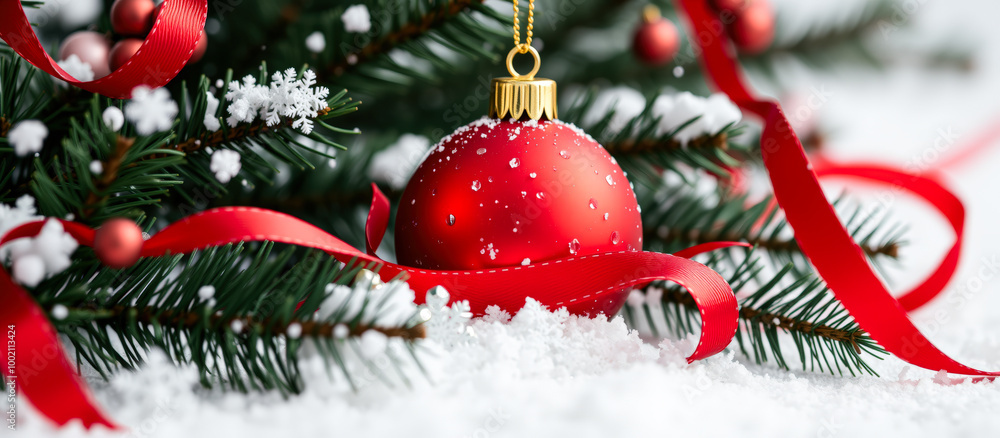 Sticker Red Christmas Ornament On Snow Covered Pine Branch