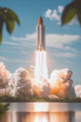 Fototapeta premium A powerful rocket launching into the bright blue sky with thick clouds of smoke and fire, reflecting on the water below.
