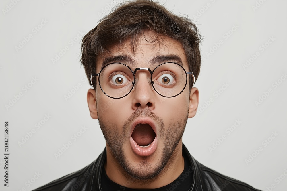 Poster man with glasses and a surprised expression. his eyes are wide open. his nose is visible. man with a