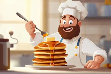 A Cheerful Chef Drizzling Syrup Over a Stack of Pancakes