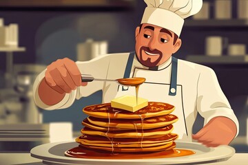 A Chef Drizzling Syrup on a Stack of Buttered Pancakes