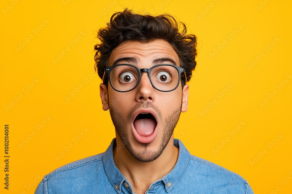 Poster man with glasses and a surprised expression. his eyes are wide open. his nose is visible. man with a