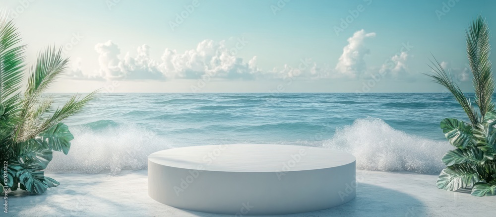 Wall mural White podium with tropical foliage in the foreground and a panoramic beach scene in the background.