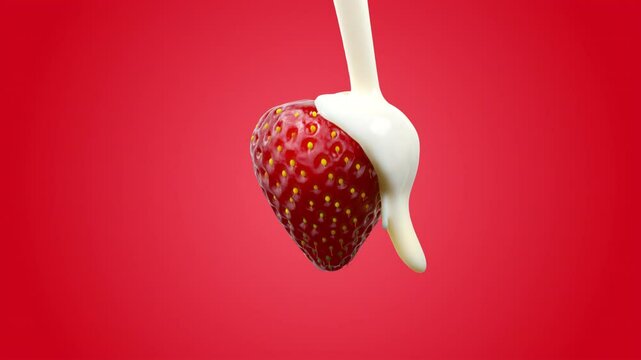 Closeup Slow motion strawberry with cream Yogurt Milk Pouring isolate on red background. 3D animation. Alpha matte.