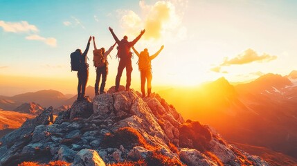 Group of hikers celebrating on mountain top at sunset