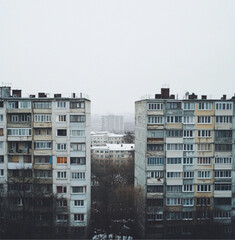 photo of Russian panel houses, gray sky