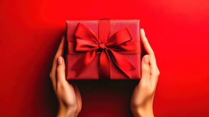 Woman holding red gift box with beautiful bow on red background