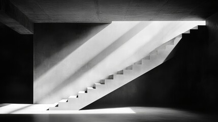 A minimalist black and white image featuring a staircase illuminated by light, showcasing geometric lines and shadows within a contemporary architectural space.
