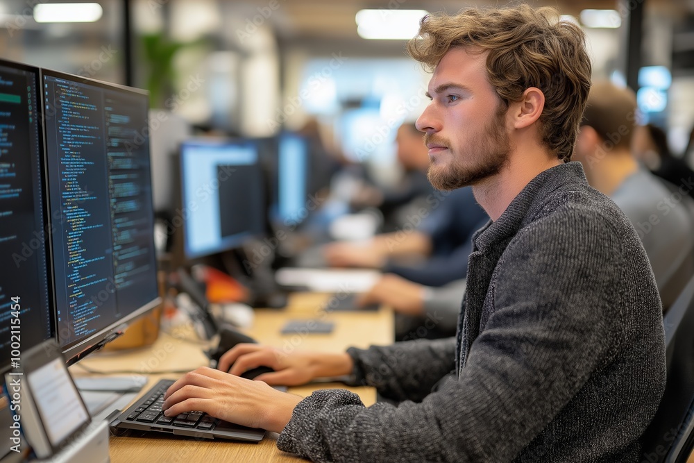 Poster man is typing on a computer. he is wearing a gray sweater. there are two monitors on his desk. super