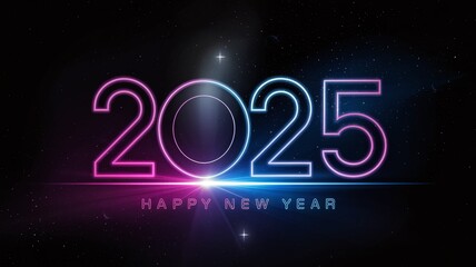 Neon 2025 Happy New Year greeting with glowing light effect on a starry background.