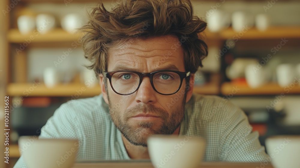 Poster man with glasses is sitting at a table with two cups. he is looking at the camera. tired looking sof