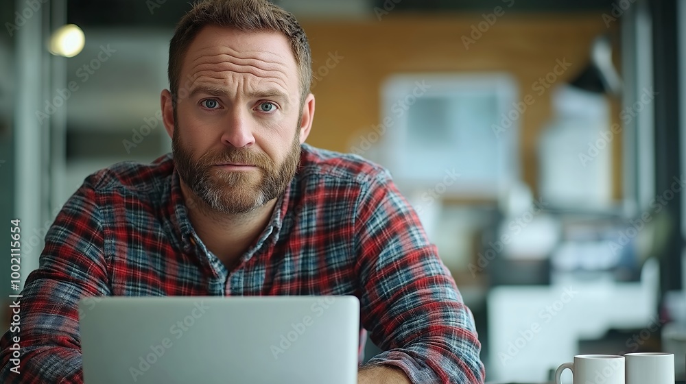 Aufkleber man with a beard and a plaid shirt is sitting at a table with a laptop and a cup. tired looking soft