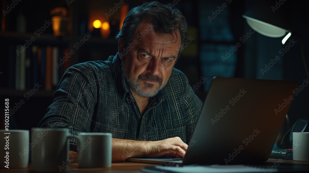 Aufkleber man with a beard and a plaid shirt is sitting at a table with a laptop and a cup. tired looking soft