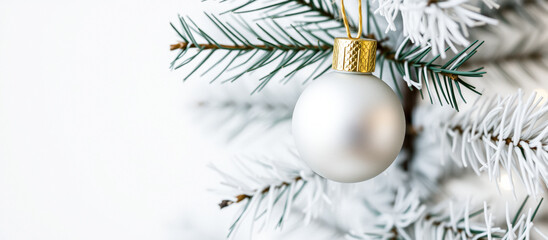 White Christmas Ornament On Frosted Pine Branch