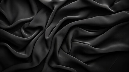Fototapeta premium A smooth, flowing texture of black fabric, showcasing elegant folds and shadows, ideal for background or textile design.