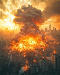 Obraz premium Massive explosion engulfing city in flames and smoke