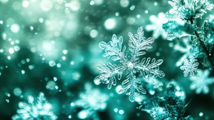 Beautiful snowflake sparkling on a branch during a snowfall