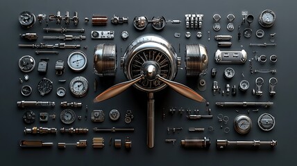 Fototapeta premium Various mechanical parts and engine components arranged neatly symbolizing engineering precision