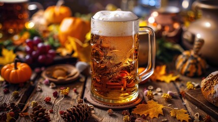 Autumn Beer Mug with Festive Decorations and Leaves